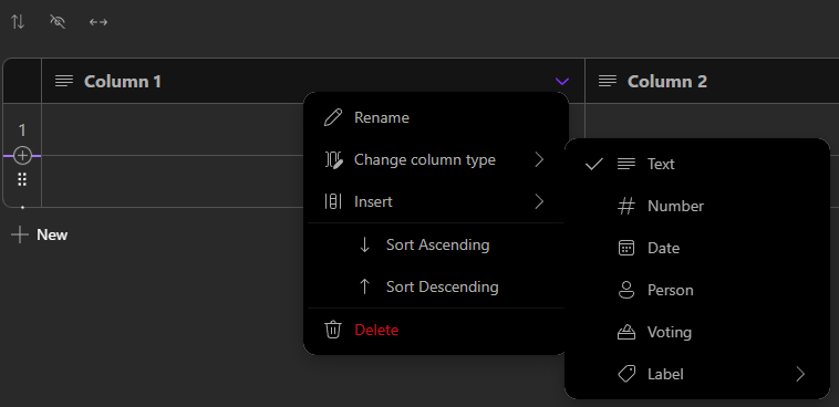Column type options
